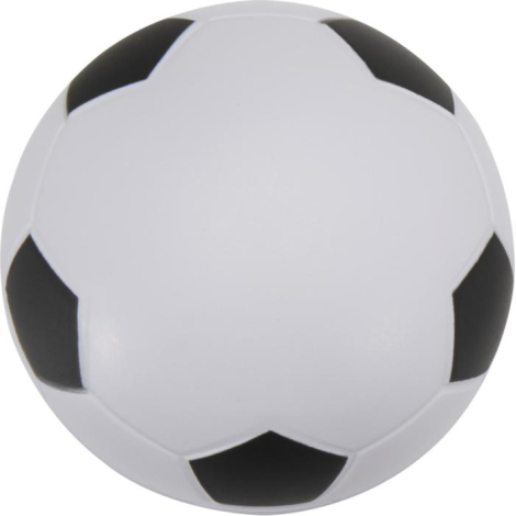 Balle antistress ballon de football avec panneaux noirs et blancs présentée sans marquage visible.