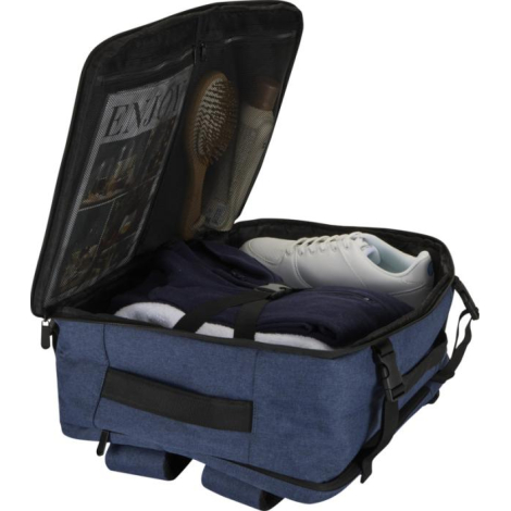 Sac cabine ouvert à plat révélant le compartiment principal avec vêtements et accessoires rangés à l’intérieur, sans marquage vi
