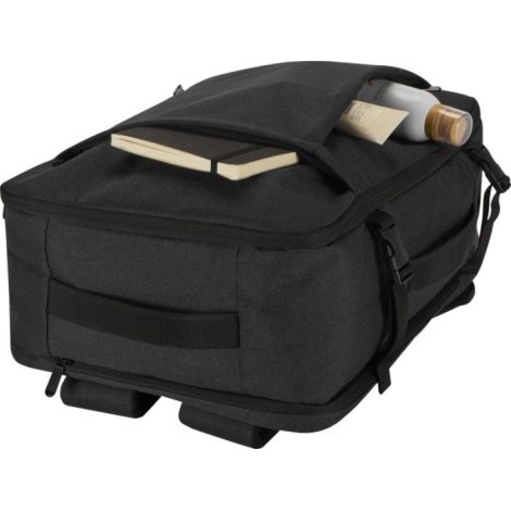 Sac cabine noir posé à plat avec poche supérieure ouverte contenant des objets, sans marquage visible.