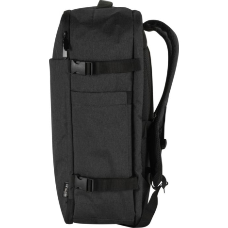 Vue latérale d’un sac cabine noir montrant une poche latérale et des sangles de compression, sans personnalisation visible.