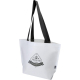 Sac shopping bicolore présenté de face avec partie supérieure blanche et anses noires, personnalisation visible sur la surface a Sac shopping bicolore présenté de face avec partie supérieure blanche et anses noires, personnalisation visible sur la surface a