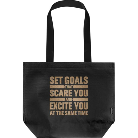 Sac shopping noir présenté de face avec anses noires et personnalisation visible sur la surface du sac.