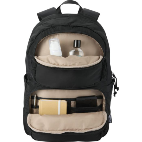 Sac à dos ordinateur noir ouvert montrant l’intérieur de la poche supérieure avec divers objets rangés, sans personnalisation vi