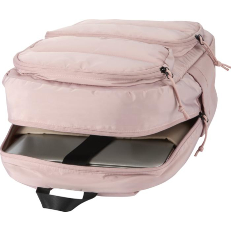 Sac à dos ordinateur rose partiellement ouvert révélant un ordinateur portable dans le compartiment principal, sans marquage vis