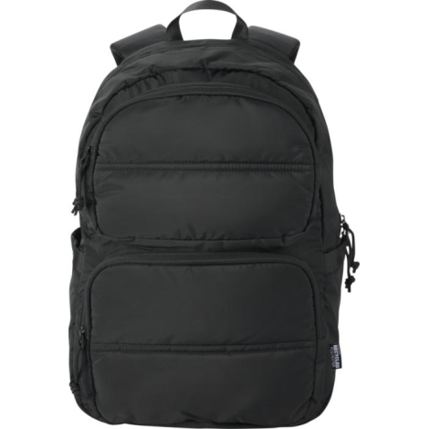 Sac à dos ordinateur noir matelassé présenté de face avec deux poches frontales zippées, sans personnalisation visible.