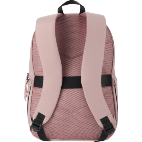 Vue arrière rapprochée d’un sac à dos ordinateur rose montrant les bretelles rembourrées et le panneau dorsal en maille, sans ma