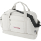 Sac de voyage matelassé beige présenté de face avec poche frontale zippée et bandoulière noire, montrant une personnalisation vi