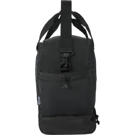Vue latérale d’un sac de voyage noir avec poche zippée et point d’attache pour la sangle d’épaule, sans personnalisation visible
