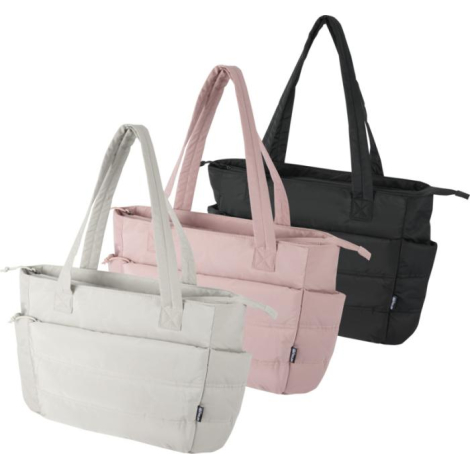 Trois sacs cabas matelassés présentés de face en différentes couleurs avec anses longues, sans marquage visible.