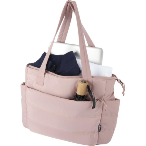 Cabas pour ordinateur rose ouvert montrant l’intérieur avec un ordinateur portable et divers objets rangés, sans personnalisatio