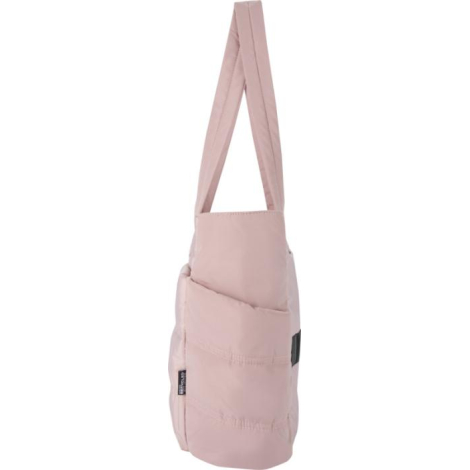 Vue latérale d’un cabas rose montrant une poche extérieure, sans marquage visible.