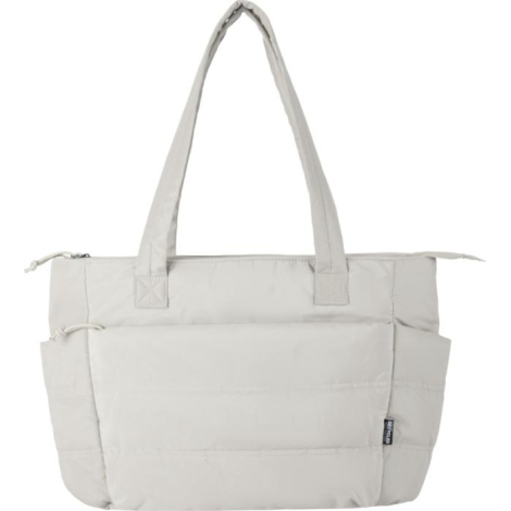 Cabas pour ordinateur beige présenté de face avec anses longues, sans personnalisation apparente.