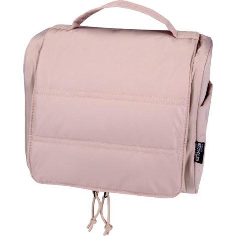 Trousse de toilette matelassée rose présentée fermée avec poignée supérieure, sans personnalisation visible.