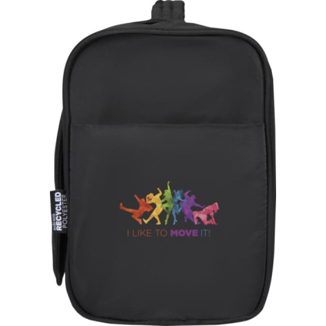 Trousse de toilette noire présentée de face avec poche frontale et personnalisation visible sur le côté..