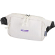 Sac banane matelassé beige présenté de face avec cordon visible sur la partie supérieure et personnalisation visible sur la surf Sac banane matelassé beige présenté de face avec cordon visible sur la partie supérieure et personnalisation visible sur la surf