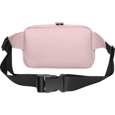 Sac banane rose présenté de face avec sangle réglable et boucle de fermeture visibles, sans marquage visible.