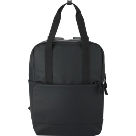Sac à dos isotherme noir présenté de face avec poche frontale zippée, sans marquage visible.