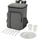 Sac à dos pique-nique isotherme gris présenté de face avec assiettes, gobelets et couverts placés devant le sac, sans personnali