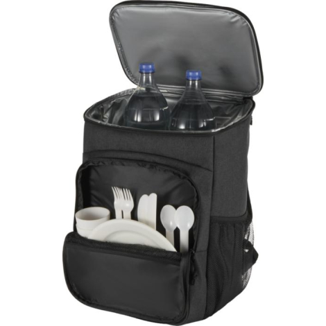 Sac à dos pique-nique isotherme noir ouvert montrant des bouteilles dans le compartiment principal et de la vaisselle dans la po