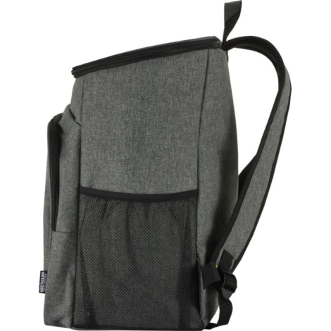 Vue latérale d’un sac à dos pique-nique gris montrant une poche latérale en filet et la sangle d’épaule, sans personnalisation v