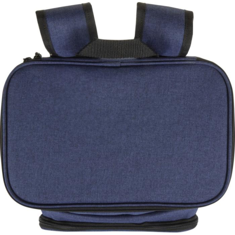 Vue du dessus d’un sac à dos pique-nique isotherme bleu montrant le haut du sac avec bretelles visibles en arrière-plan, sans ma