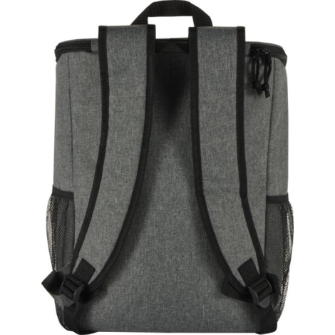 Vue arrière d’un sac à dos pique-nique isotherme gris montrant bretelles rembourrées et panneau dorsal, sans marquage visible.