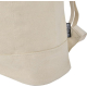 Vue rapprochée du côté d’un sac à dos rolltop beige avec étiquette latérale, sans marquage visible.