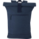 Sac à dos rolltop bleu présenté de face avec poche frontale zippée, sans personnalisation visible.