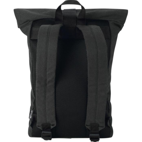 Vue arrière d’un sac à dos rolltop noir montrant bretelles rembourrées et panneau dorsal en maille respirante, sans marquage vis