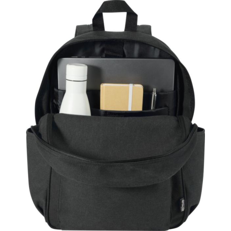 Sac à dos ordinateur noir ouvert révélant le compartiment principal avec gourde, carnet et accessoires rangés, sans personnalisa