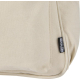 Vue rapprochée du coin inférieur d’un sac à dos beige avec étiquette latérale, sans marquage visible.