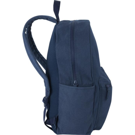 Vue latérale d’un sac à dos bleu montrant une poche latérale et la sangle d’épaule, sans personnalisation visible.
