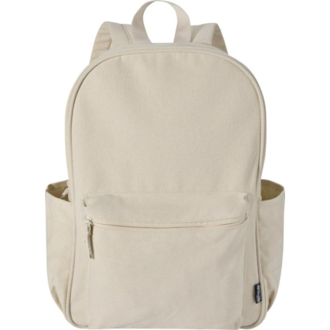 Sac à dos ordinateur beige présenté de face avec poche frontale zippée, sans personnalisation apparente.
