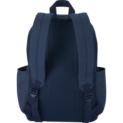 Vue arrière d’un sac à dos bleu montrant bretelles rembourrées et panneau dorsal en maille respirante, sans marquage visible.