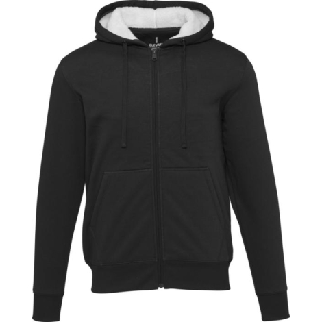 Sweat à capuche noir unisexe vu de face avec zip central, capuche avec cordons et poches avant, illustré sans personnalisation v
