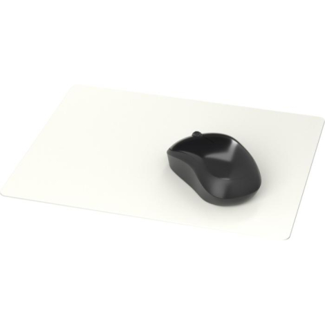 Tapis de souris rectangulaire blanc vu de dessus avec une souris d’ordinateur noire posée sur la surface, illustré sans personna