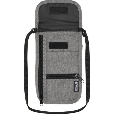Pochette de voyage grise ouverte montrant l’intérieur avec plusieurs compartiments et poches zippées, présentée sans marquage vi