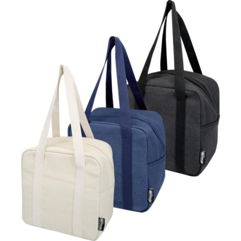 Trois sacs isothermes présentés côte à côte en beige, bleu et noir, avec deux anses verticales et une fermeture zippée sur le de