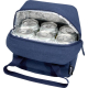 Sac isotherme bleu ouvert par une fermeture zippée sur le dessus révélant un intérieur isolant argenté contenant plusieurs canet