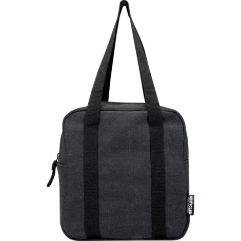 Sac isotherme noir vu de face avec deux anses verticales et une fermeture zippée sur le dessus, montrant une personnalisation vi