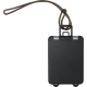 Étiquette à bagage noire vue de dos avec une boucle d’attache fixée en partie supérieure, illustrée sans personnalisation visibl