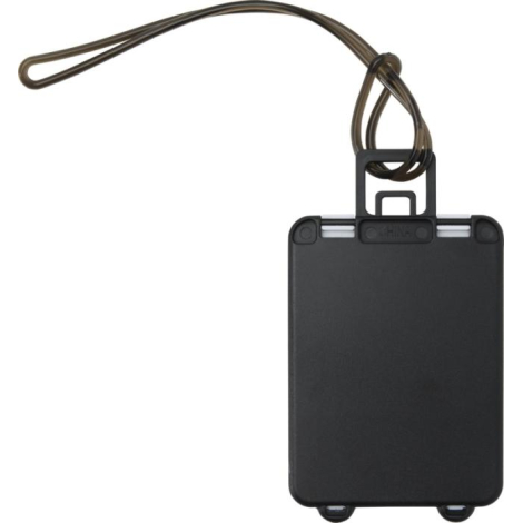 Étiquette à bagage noire vue de dos avec une boucle d’attache fixée en partie supérieure, illustrée sans personnalisation visibl