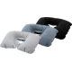 Trois oreillers de voyage gonflables en forme de U présentés ensemble en noir, bleu et gris clair avec ouverture centrale pour l