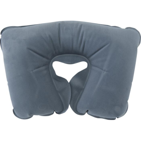 Oreiller de voyage gonflable bleu vu de face avec ouverture centrale pour le cou et surface lisse, présenté sans personnalisatio