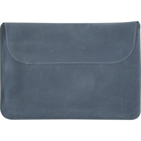 Pochette de rangement en tissu bleu vue à plat avec rabat supérieur, présentée sans marquage visible.