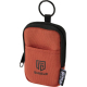 Petite pochette rectangulaire orange avec bordures noires et fermeture zippée sur le pourtour, vue de face avec une poche plaqué