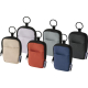 Plusieurs petites pochettes identiques présentées en différents coloris avec bordures noires, poche avant plaquée et anneau d’at