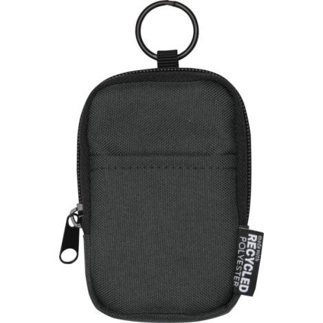 Petite pochette noire vue de face avec poche plaquée et fermeture zippée, présentée sans personnalisation visible.