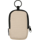 Petite pochette beige vue de face avec bordures noires, fermeture zippée et poche plaquée sur la face avant, illustrée sans marq