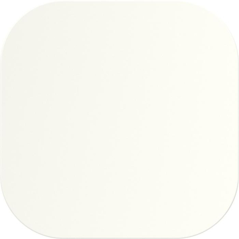 Dessous de verre carré blanc aux angles arrondis vu de dessus avec surface lisse unie, présenté sans marquage apparent.